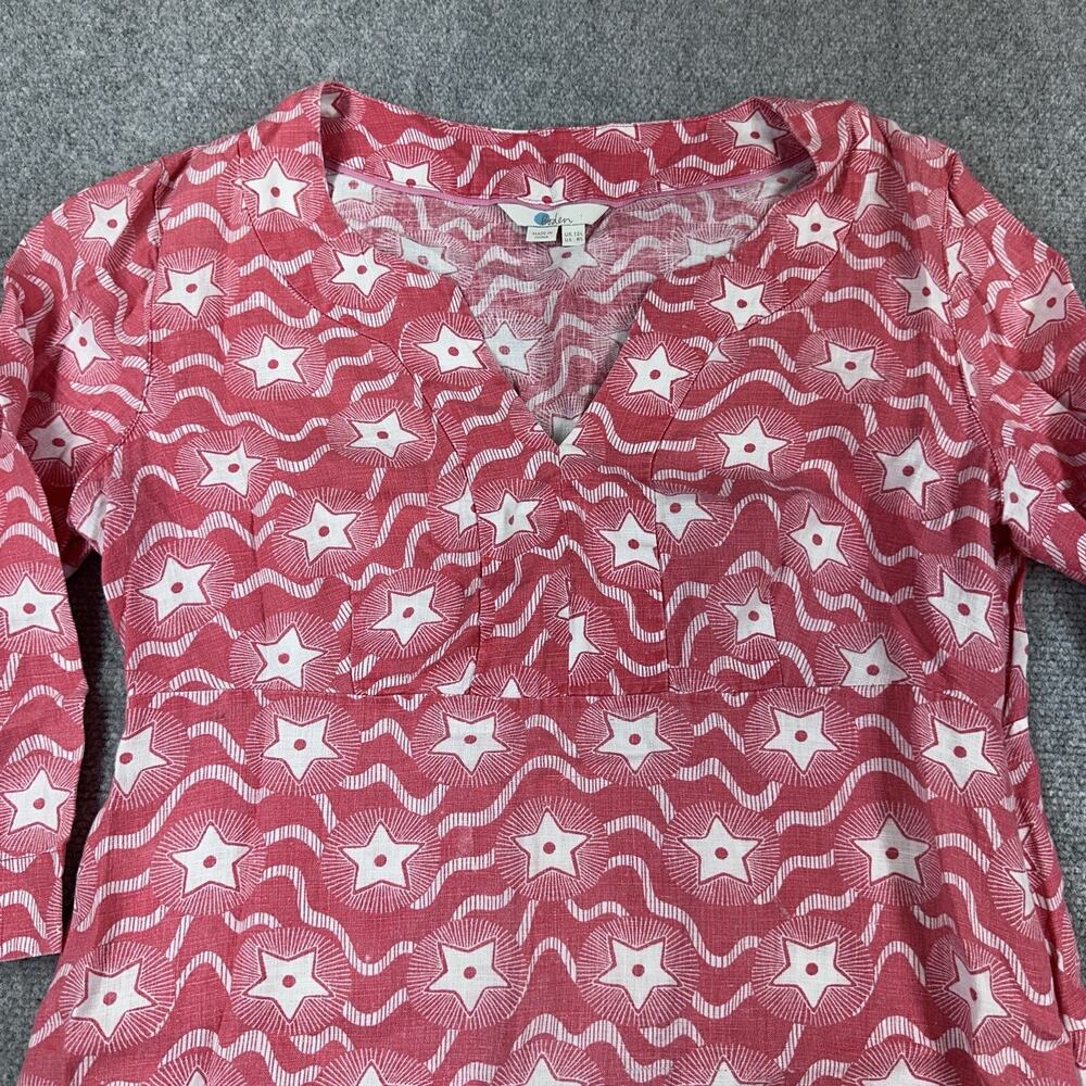Boden Red Linen Star Mini Dress 3/4 Sleeve Notch Neck Sz 8 Petite 4th Of July - Picture 4 of 11